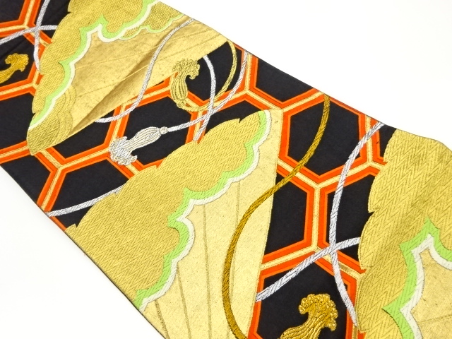 檜扇に雲・亀甲模様織出し袋帯